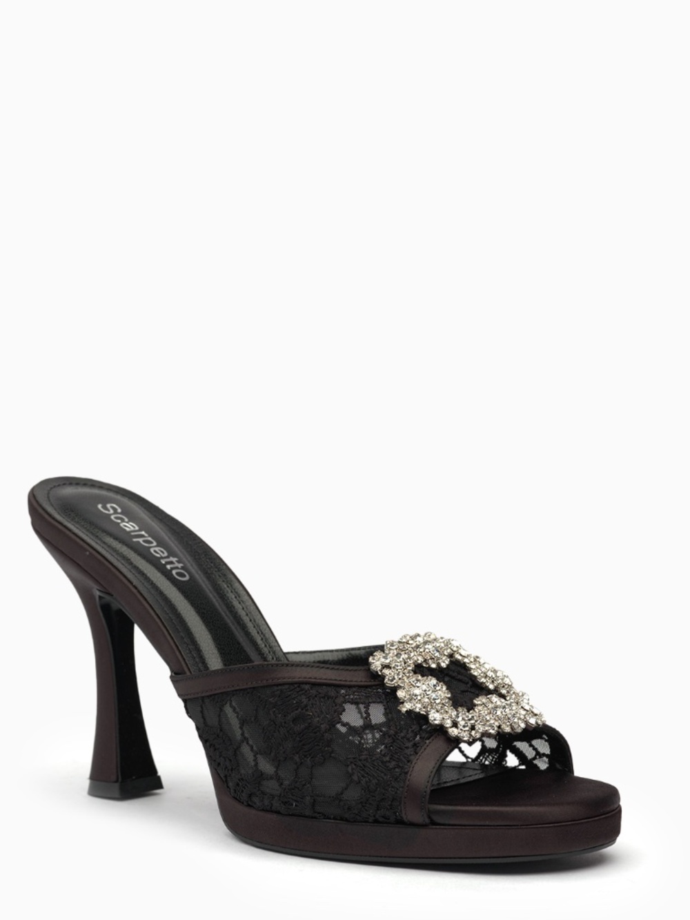 Floral Lace Mules with Crystal Buckle, Satin Trim, 100mm Heel